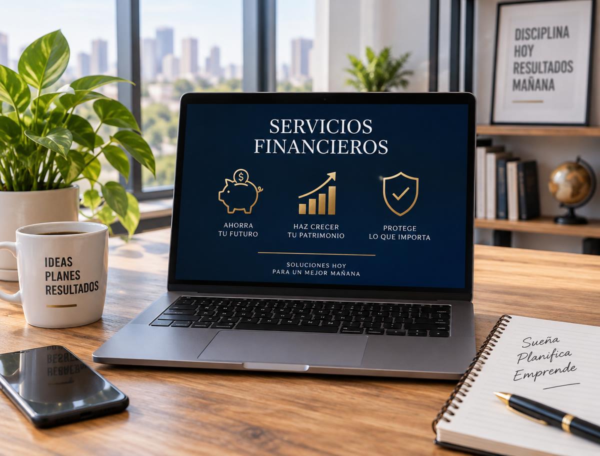 Laptop con temática de servicios financieros sobre un escritorio