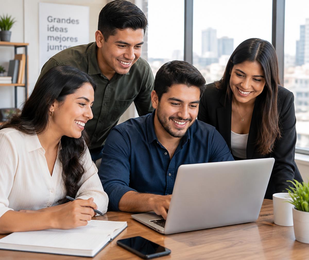 Equipo de jóvenes profesionales colaborando frente a una laptop